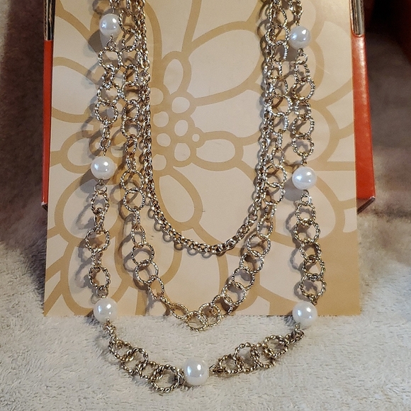 3 strands gold color chain with resin Pearls necklace 24 inches +3 inch extender - Picture 5 of 7